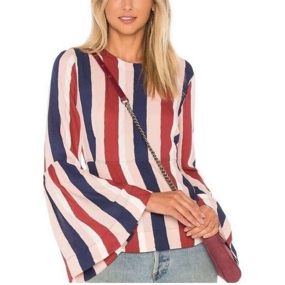 NWT BCBGMAZARIA Jeanne Striped Cabernet Blouse with Bell Sleeves Size Small - Picture 1 of 14